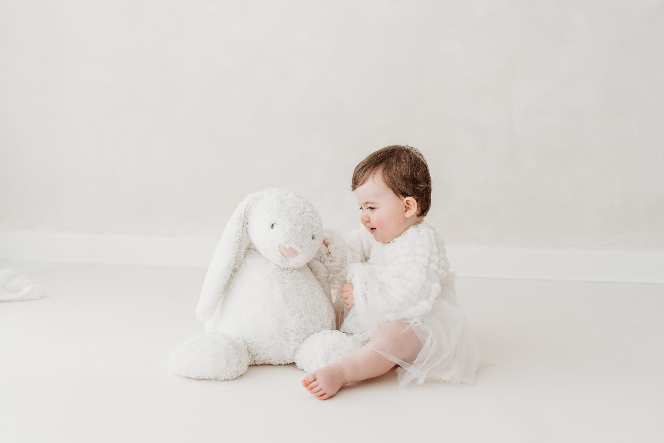 Gorgeous baby girl with a teddy on her first birthday photoshoot.